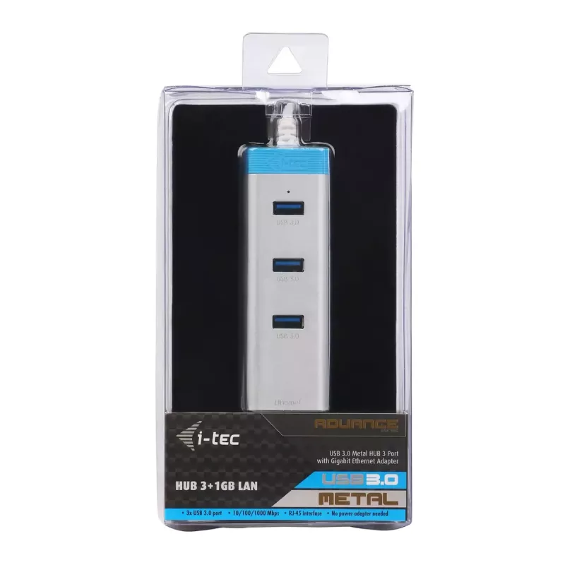 USB 3.0 centrmezgls ar gigabitu Ethernet ITEC U3GLAN3HUB — 3 portu metāla centrmezgls, VIA VL812 + Realtek RTL8153, sudrabots