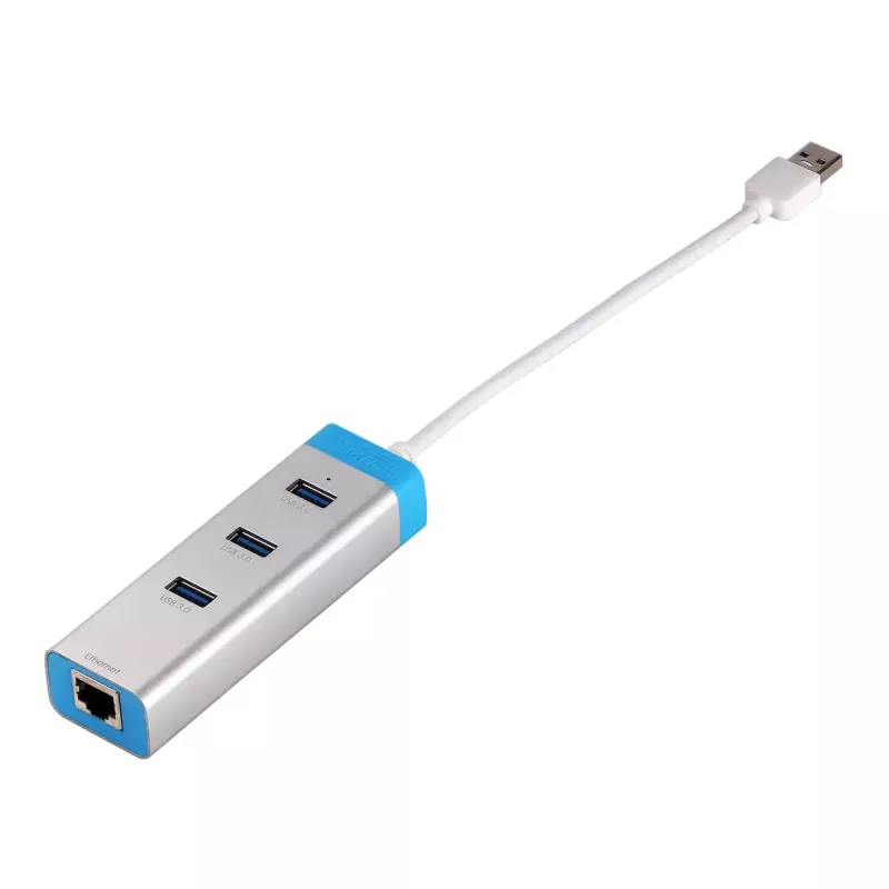 USB 3.0 centrmezgls ar gigabitu Ethernet ITEC U3GLAN3HUB — 3 portu metāla centrmezgls, VIA VL812 + Realtek RTL8153, sudrabots