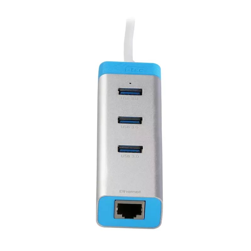 USB 3.0 centrmezgls ar gigabitu Ethernet ITEC U3GLAN3HUB — 3 portu metāla centrmezgls, VIA VL812 + Realtek RTL8153, sudrabots