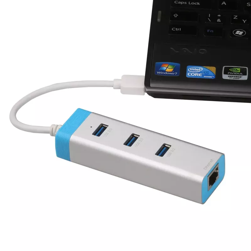 USB 3.0 centrmezgls ar gigabitu Ethernet ITEC U3GLAN3HUB — 3 portu metāla centrmezgls, VIA VL812 + Realtek RTL8153, sudrabots