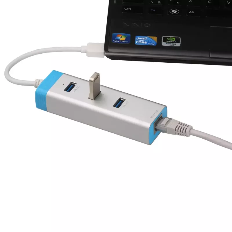 USB 3.0 centrmezgls ar gigabitu Ethernet ITEC U3GLAN3HUB — 3 portu metāla centrmezgls, VIA VL812 + Realtek RTL8153, sudrabots