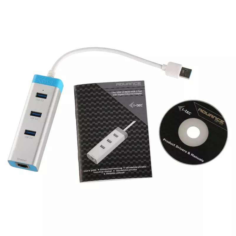 USB 3.0 centrmezgls ar gigabitu Ethernet ITEC U3GLAN3HUB — 3 portu metāla centrmezgls, VIA VL812 + Realtek RTL8153, sudrabots