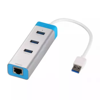 USB 3.0 centrmezgls ar gigabitu Ethernet ITEC U3GLAN3HUB — 3 portu metāla centrmezgls, VIA VL812 + Realtek RTL8153, sudrabots