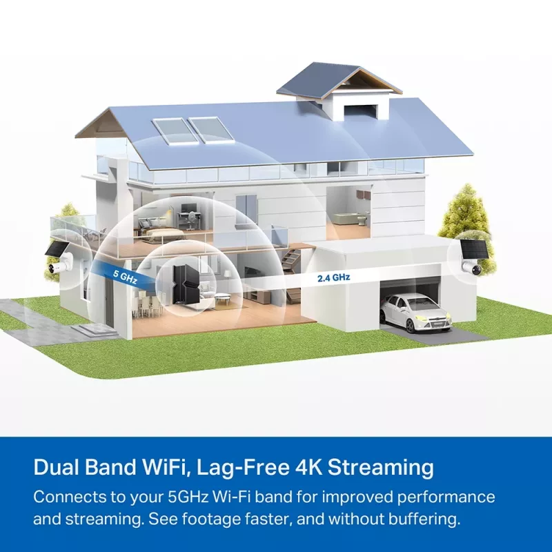 TP-Link Tapo bezvadu iekštelpu/āra drošības kamera SPEC:4K UHD (3840x2160), H.265/H.264 atbalsts, 16x UHD digitālā tālummaiņa, 2,4/5 GHz divjoslu Wi-Fi, 10000 mAh uzlādējams litija jonu akumulators