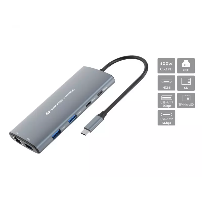 CONCEPTRONIC 10-1 Dokstacija USB-C->HDMI/2xUSB-C/3xUSB-A/+ 20cm pelēka