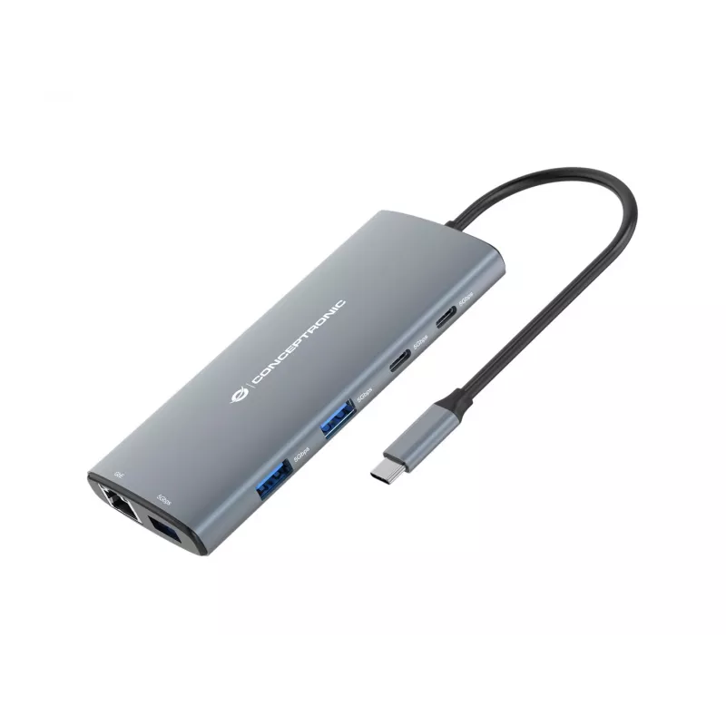 CONCEPTRONIC 10-1 Dokstacija USB-C->HDMI/2xUSB-C/3xUSB-A/+ 20cm pelēka