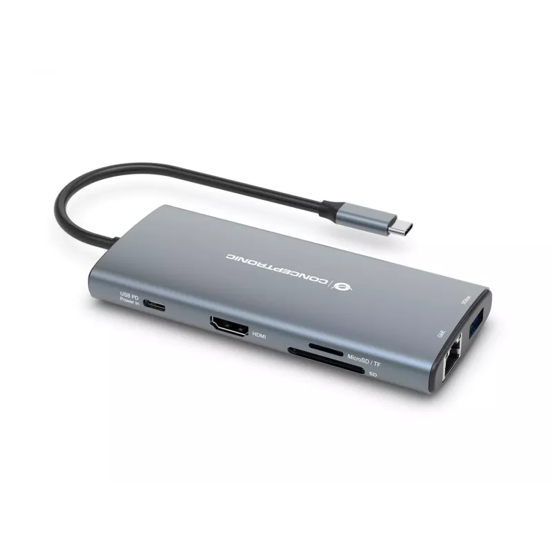 CONCEPTRONIC 10-1 Dokstacija USB-C->HDMI/2xUSB-C/3xUSB-A/+ 20cm pelēka