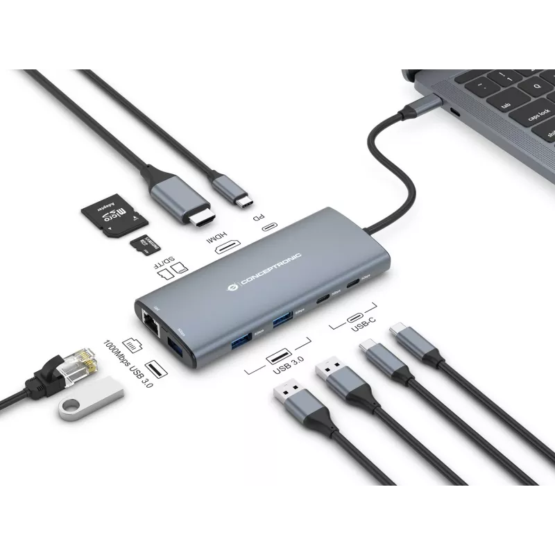 CONCEPTRONIC 10-1 Dokstacija USB-C->HDMI/2xUSB-C/3xUSB-A/+ 20cm pelēka