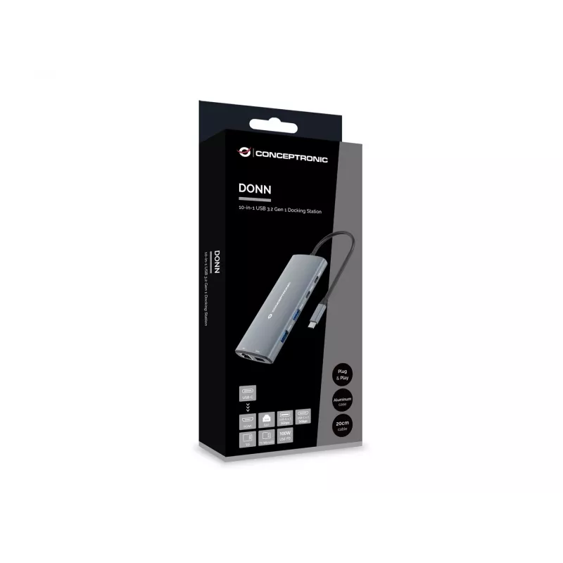 CONCEPTRONIC 10-1 Dokstacija USB-C->HDMI/2xUSB-C/3xUSB-A/+ 20cm pelēka