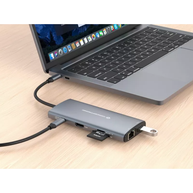 CONCEPTRONIC 10-1 Dokstacija USB-C->HDMI/2xUSB-C/3xUSB-A/+ 20cm pelēka