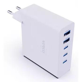 Verico MOJO GaN 140W Multi-Port USB-C un USB-A ātrais lādētājs klēpjdatoriem, viedtālruņiem un planšetdatoriem, balts