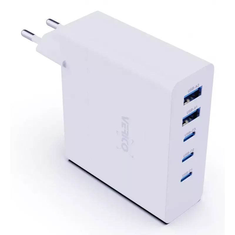 Verico MOJO GaN 140W Multi-Port USB-C un USB-A ātrais lādētājs klēpjdatoriem, viedtālruņiem un planšetdatoriem, balts
