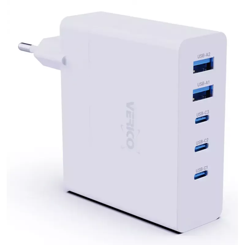 Verico MOJO GaN 140W Multi-Port USB-C un USB-A ātrais lādētājs klēpjdatoriem, viedtālruņiem un planšetdatoriem, balts