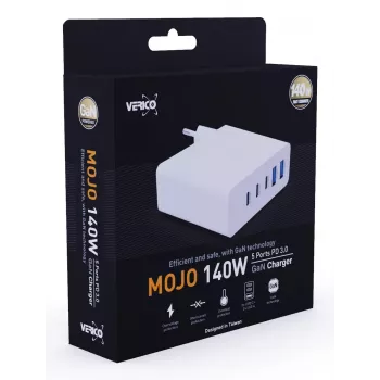 Verico MOJO GaN 140W Multi-Port USB-C un USB-A ātrais lādētājs klēpjdatoriem, viedtālruņiem un planšetdatoriem, balts