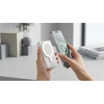 Ārējais akumulators SAVIO BA-13 10000 mAh ar 20 W izvadi un bezvadu uzlādi, balts