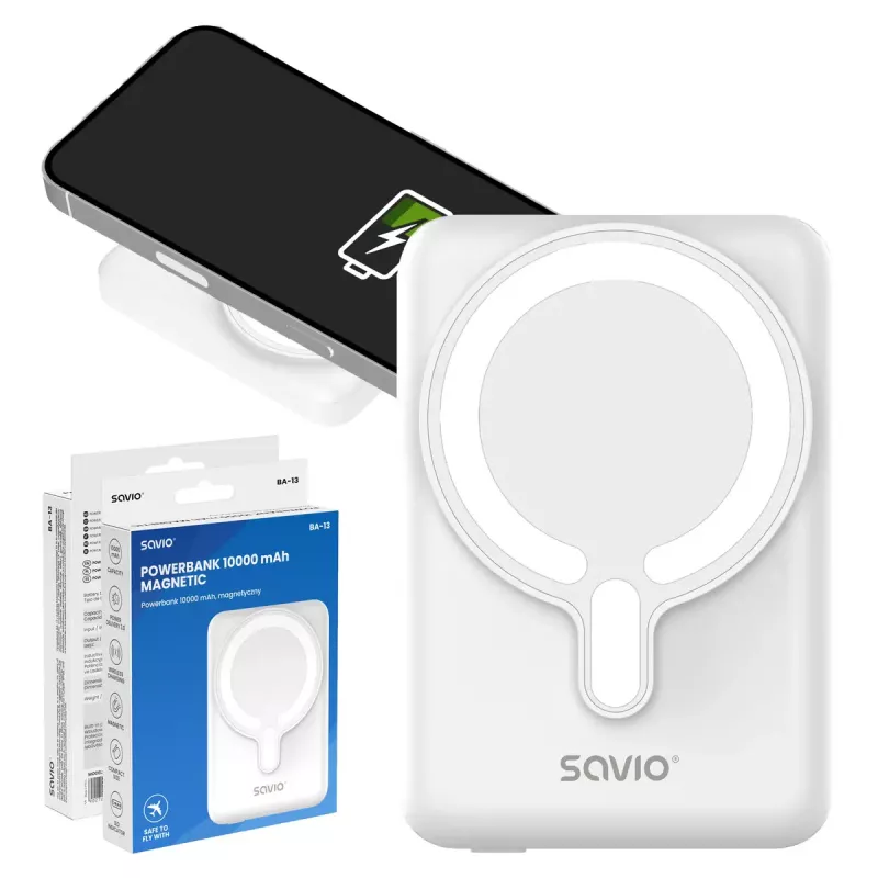 Ārējais akumulators SAVIO BA-13 10000 mAh ar 20 W izvadi un bezvadu uzlādi, balts