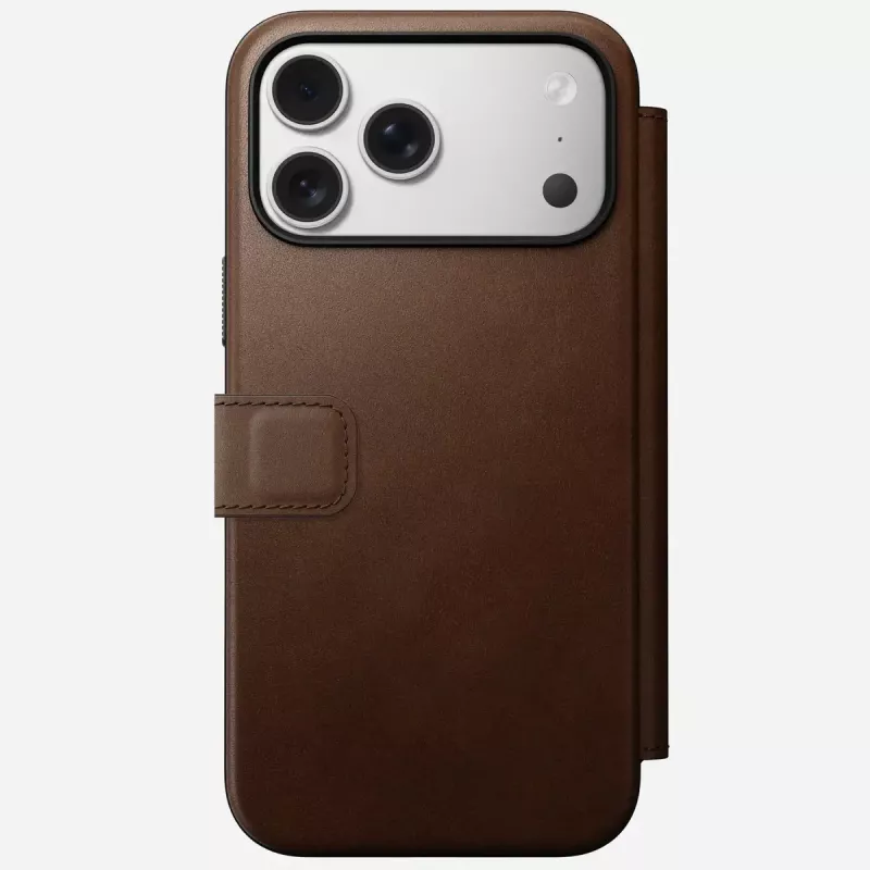 Mobilā tālruņa ādas futlāris Nomad Modern Leather Folio iPhone 17 Pro Max (6,9 collas) brūns, āda/alumīnijs, 4 karšu kabatas