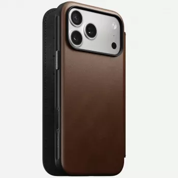 Mobilā tālruņa ādas futlāris Nomad Modern Leather Folio iPhone 17 Pro Max (6,9 collas) brūns, āda/alumīnijs, 4 karšu kabatas