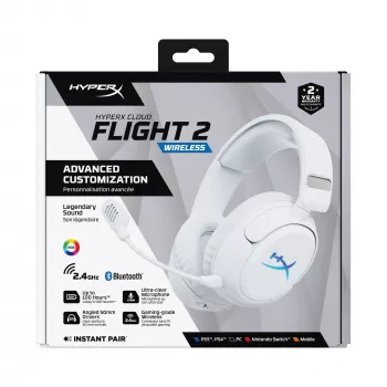 Bezvadu spēļu austiņas KINGSTON HyperX Cloud Flight 2 ar USB-C un Bluetooth, balta krāsa