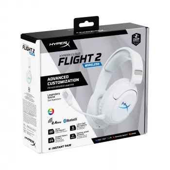 Bezvadu spēļu austiņas KINGSTON HyperX Cloud Flight 2 ar USB-C un Bluetooth, balta krāsa
