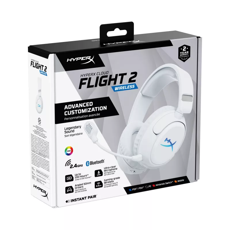 Bezvadu spēļu austiņas KINGSTON HyperX Cloud Flight 2 ar USB-C un Bluetooth, balta krāsa