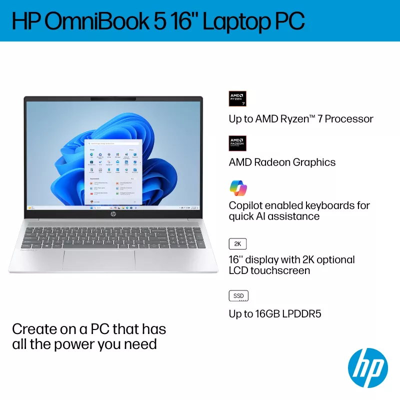 HP OmniBook 5 16-bc1002na AMD Ryzen™ 5 8540U klēpjdators 40,6 cm (16 collas) skārienjutīgs 2K 8 GB LPDDR5-SDRAM 512 GB SSD Wi-Fi 6 (802.11ax) Windows 11 Home sudraba krāsā