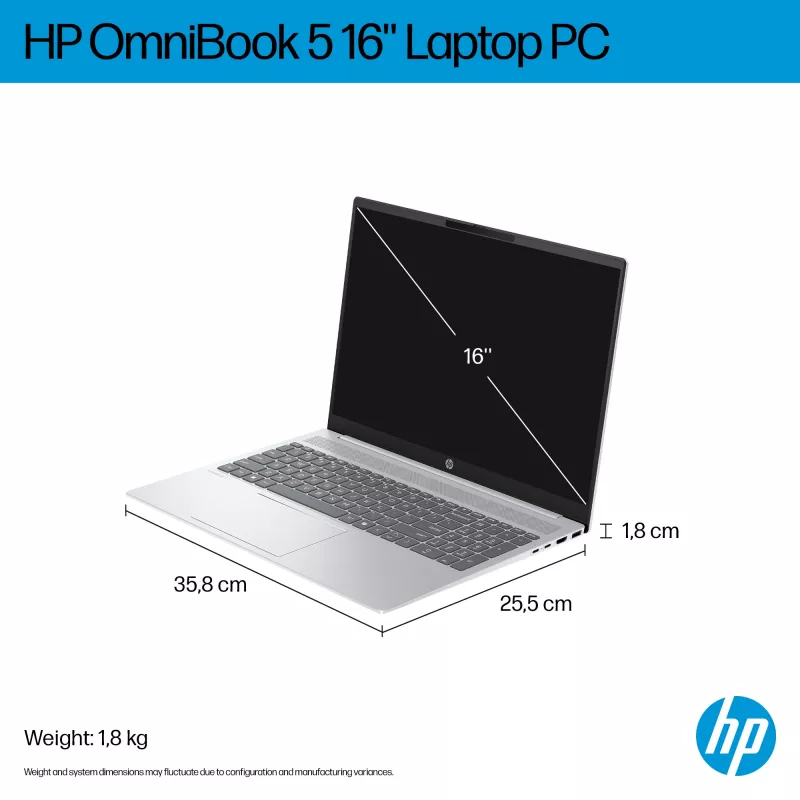 HP OmniBook 5 16-bc1002na AMD Ryzen™ 5 8540U klēpjdators 40,6 cm (16 collas) skārienjutīgs 2K 8 GB LPDDR5-SDRAM 512 GB SSD Wi-Fi 6 (802.11ax) Windows 11 Home sudraba krāsā