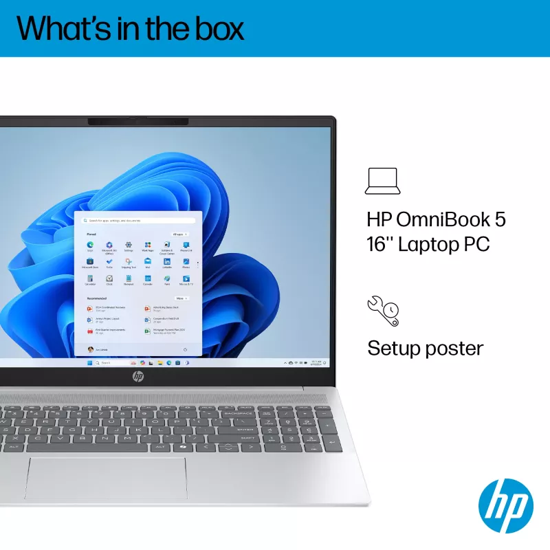 HP OmniBook 5 16-ba1003na Intel® Core™ i7 i7-1355U klēpjdators 40,6 cm (16 collas) 2K 16 GB LPDDR5x-SDRAM 512 GB SSD Wi-Fi 6 (802.11ax) Windows 11 Home sudraba