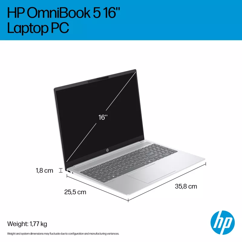 HP OmniBook 5 16-ba1003na Intel® Core™ i7 i7-1355U klēpjdators 40,6 cm (16 collas) 2K 16 GB LPDDR5x-SDRAM 512 GB SSD Wi-Fi 6 (802.11ax) Windows 11 Home sudraba