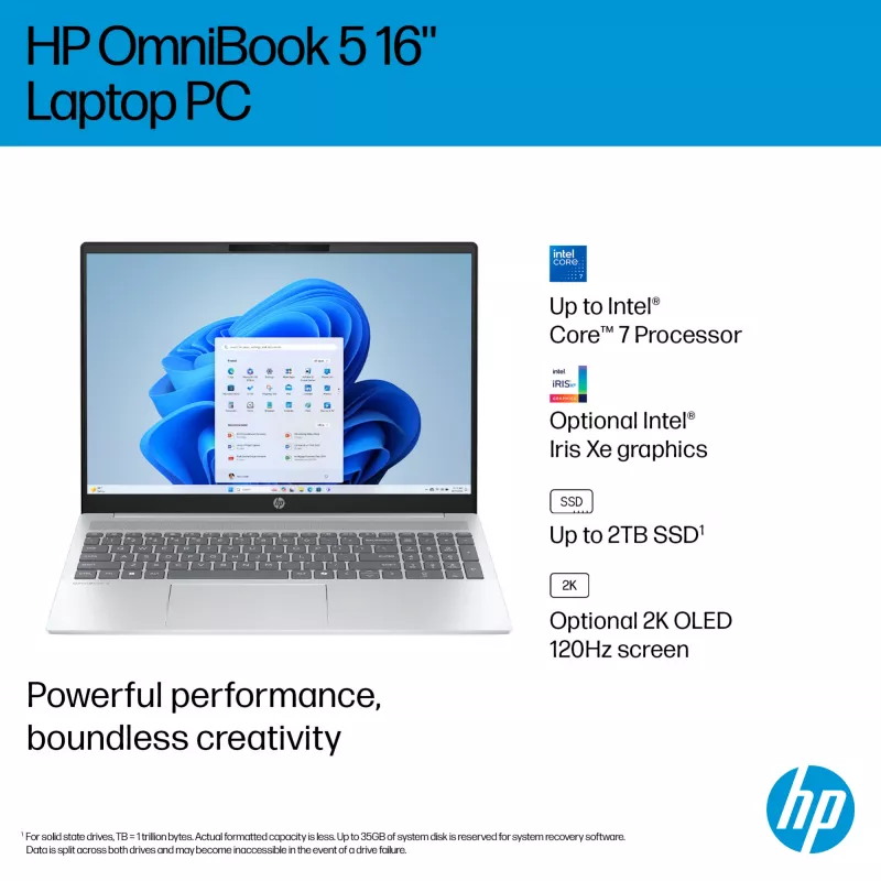 HP OmniBook 5 16-ba1005na Intel® Core™ i3 i3-1315U klēpjdators 40,6 cm (16 collas) 2K 8 GB LPDDR5-SDRAM 512 GB SSD Wi-Fi 6 (802.11ax) Windows 11 Home sudrabots