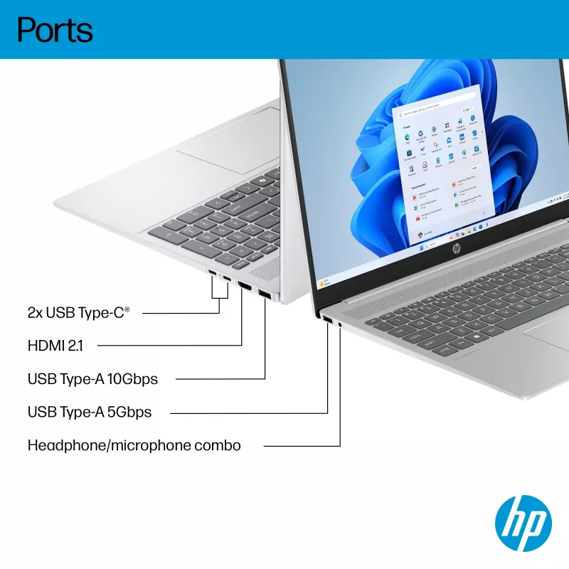 HP OmniBook 5 16-ba1005na Intel® Core™ i3 i3-1315U klēpjdators 40,6 cm (16 collas) 2K 8 GB LPDDR5-SDRAM 512 GB SSD Wi-Fi 6 (802.11ax) Windows 11 Home sudrabots