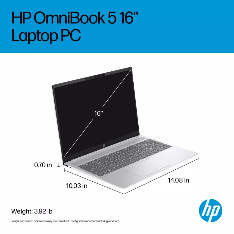 HP OmniBook 5 16-ba1005na Intel® Core™ i3 i3-1315U klēpjdators 40,6 cm (16 collas) 2K 8 GB LPDDR5-SDRAM 512 GB SSD Wi-Fi 6 (802.11ax) Windows 11 Home sudrabots
