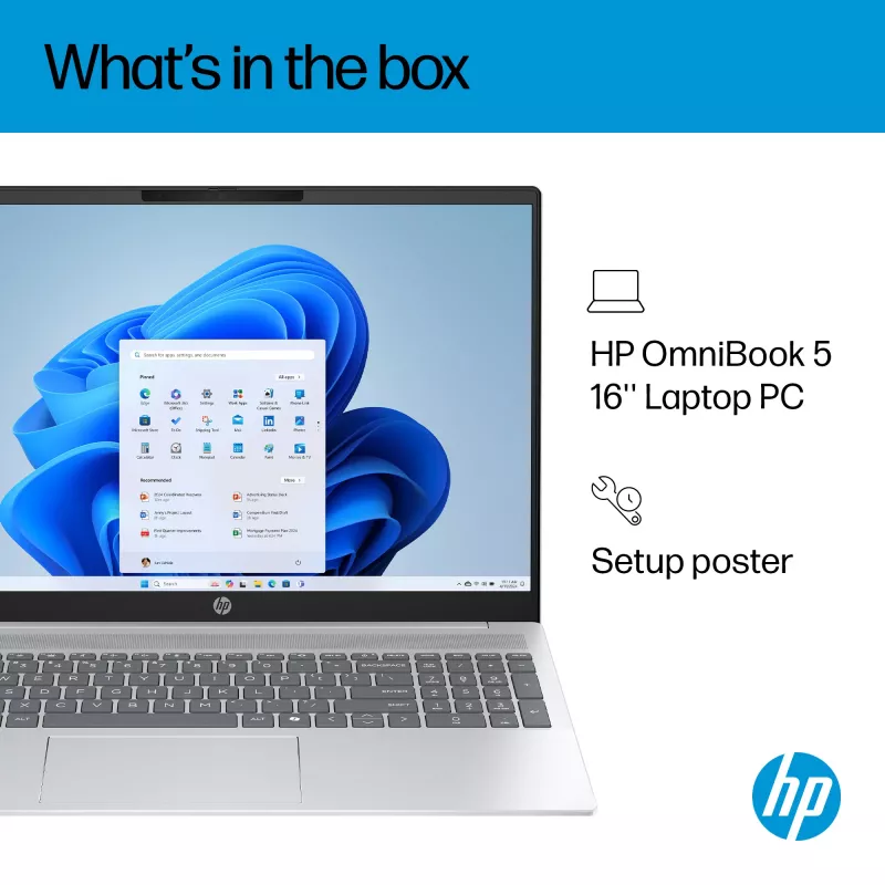 HP OmniBook 5 16-ba1005na Intel® Core™ i3 i3-1315U klēpjdators 40,6 cm (16 collas) 2K 8 GB LPDDR5-SDRAM 512 GB SSD Wi-Fi 6 (802.11ax) Windows 11 Home sudrabots