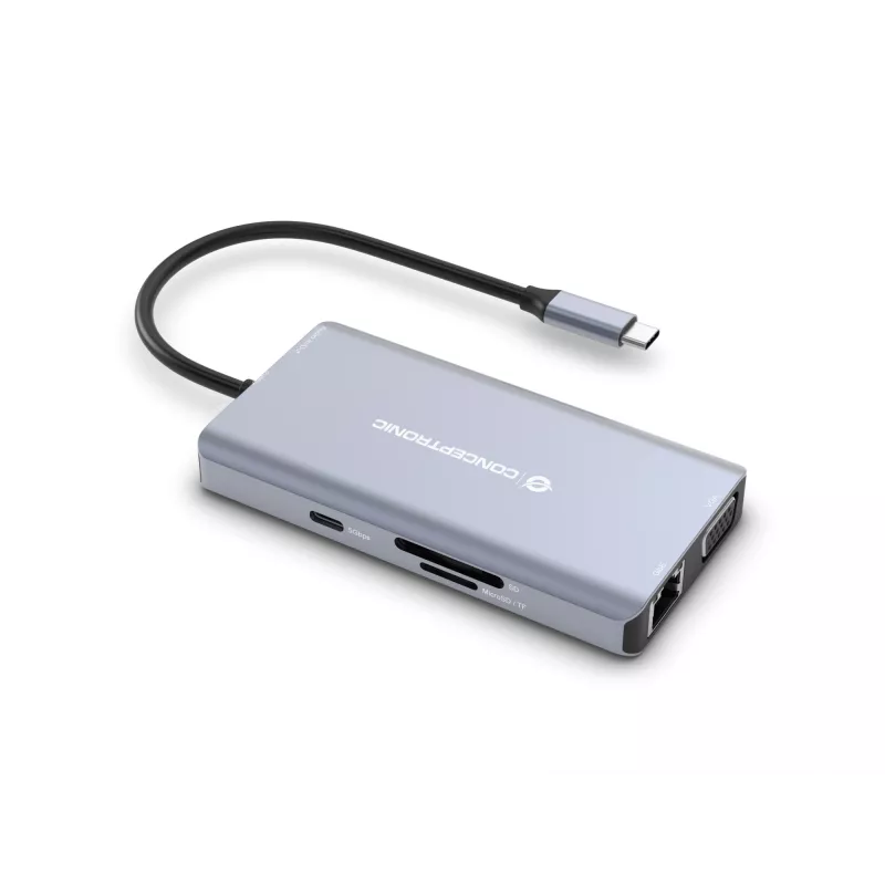 Conceptronic DONN20G 10-in-1 USB 3.2 Gen 1 dokstacija, HDMI, VGA, USB-A 5Gbps, USB-C 5Gbps, SD, TF/MicroSD, Audio, GbE LAN, 100W USB PD