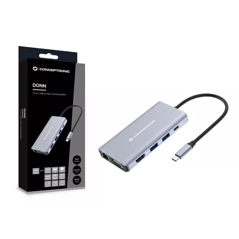 Conceptronic DONN20G 10-in-1 USB 3.2 Gen 1 dokstacija, HDMI, VGA, USB-A 5Gbps, USB-C 5Gbps, SD, TF/MicroSD, Audio, GbE LAN, 100W USB PD