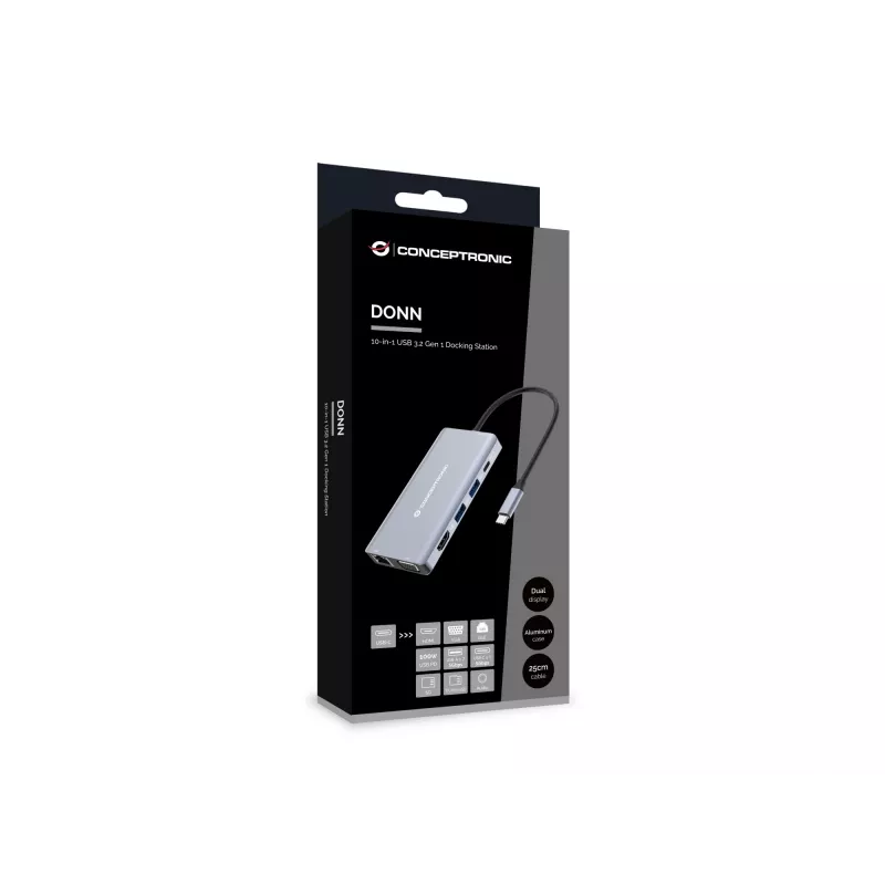 Conceptronic DONN20G 10-in-1 USB 3.2 Gen 1 dokstacija, HDMI, VGA, USB-A 5Gbps, USB-C 5Gbps, SD, TF/MicroSD, Audio, GbE LAN, 100W USB PD