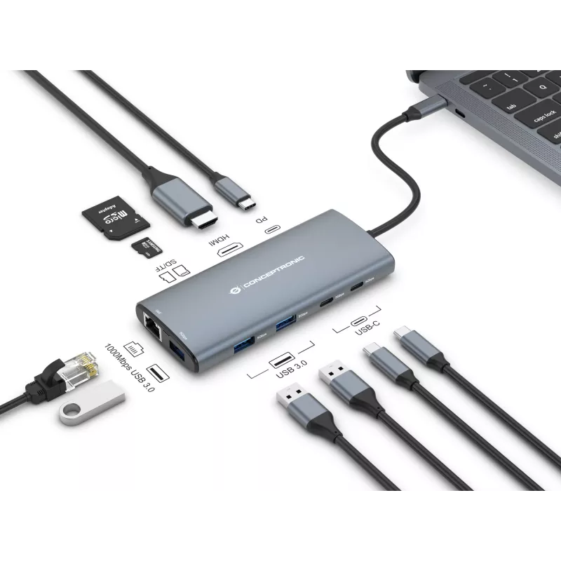 Conceptronic DONN06G 10-in-1 USB 3.2 Gen 1 dokstacija, HDMI, 100W USB PD, USB-C 5Gbps x 2, USB-A 5Gbps x 3, SD, TF/MicroSD, GbE