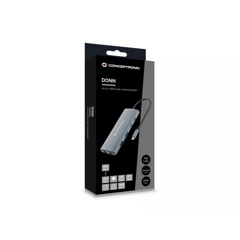 Conceptronic DONN06G 10-in-1 USB 3.2 Gen 1 dokstacija, HDMI, 100W USB PD, USB-C 5Gbps x 2, USB-A 5Gbps x 3, SD, TF/MicroSD, GbE