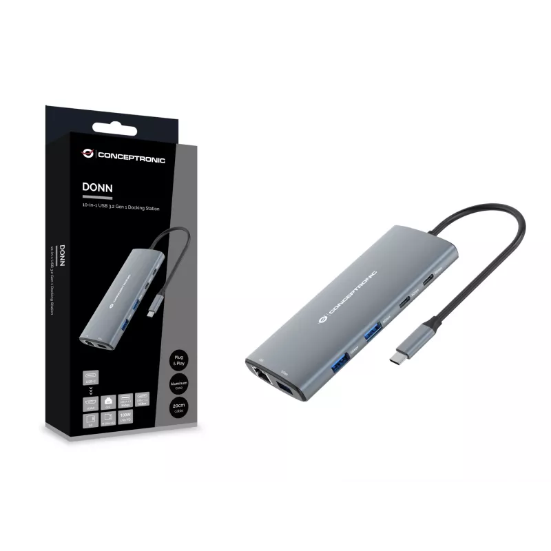 Conceptronic DONN06G 10-in-1 USB 3.2 Gen 1 dokstacija, HDMI, 100W USB PD, USB-C 5Gbps x 2, USB-A 5Gbps x 3, SD, TF/MicroSD, GbE
