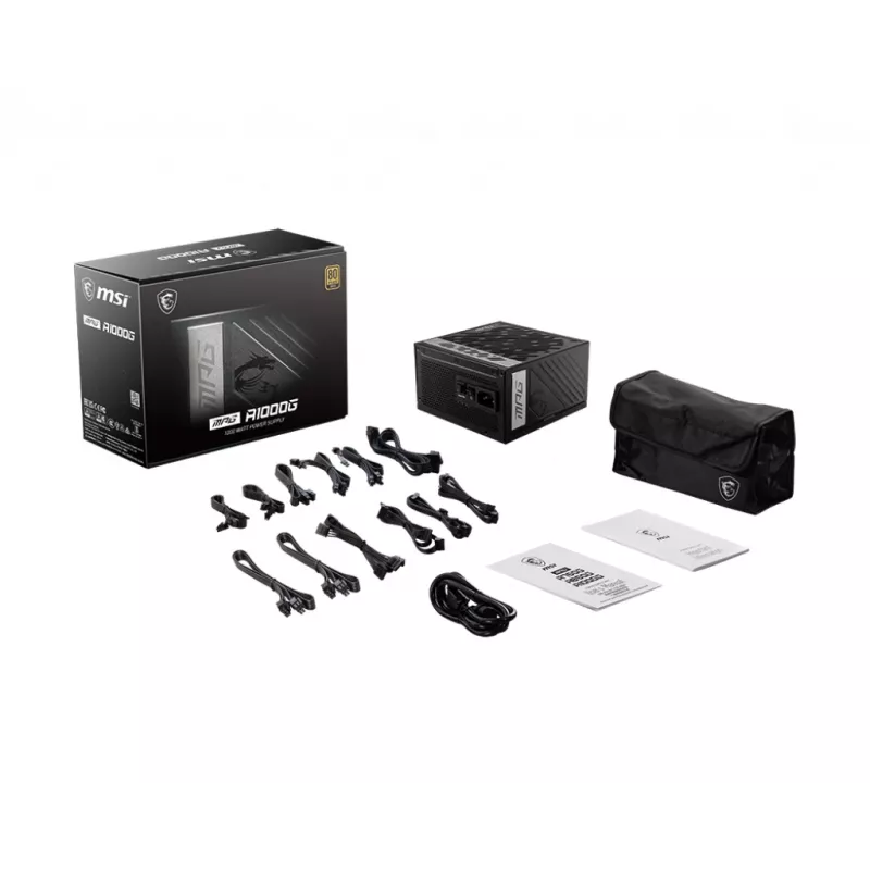 MSI MPG A1000G UK PSU '1000W, 80 Plus Gold sertificēts, pilnībā modulārs, 100% Japānas kondensatori, plakanie kabeļi, ATX barošanas bloks, UK strāvas vads, melns, atbalsta jaunākos GPU'