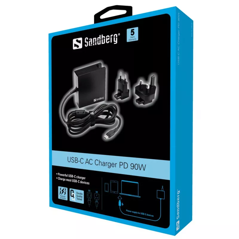 Sandberg USB-C PD maiņstrāvas lādētājs 90 W EU+UK, iekštelpu, maiņstrāva, 20,2 V, 4,5 A, 1,8 m, melns