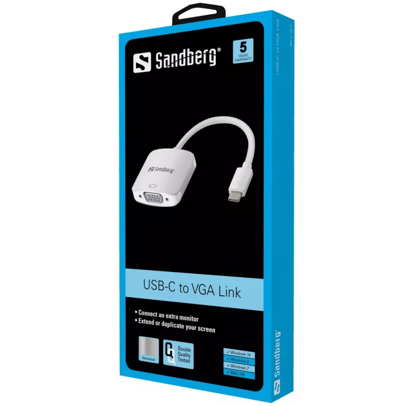 Sandberg USB-C uz VGA adapteris, USB Type-C, VGA (D-Sub), vīrišķais, sievišķais, 1920 x 1080 (HD 1080), 2048 x 1152, 1080p