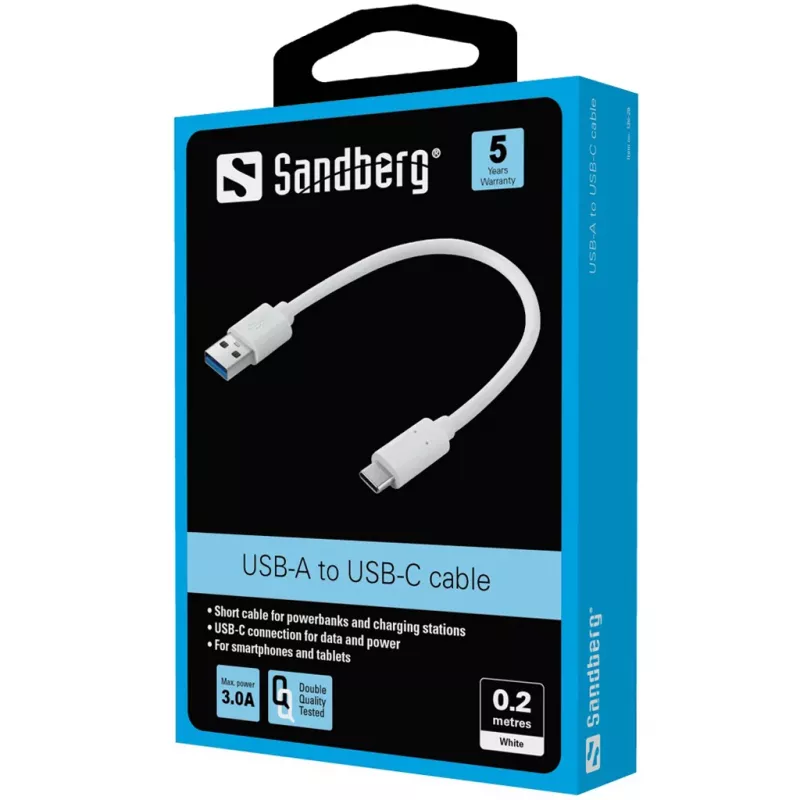 Sandberg USB-C 3.1 > USB-A 3.0 0.2M, 0.2 m, USB C, USB A, USB 3.2 Gen 1 (3.1 Gen 1), Balts