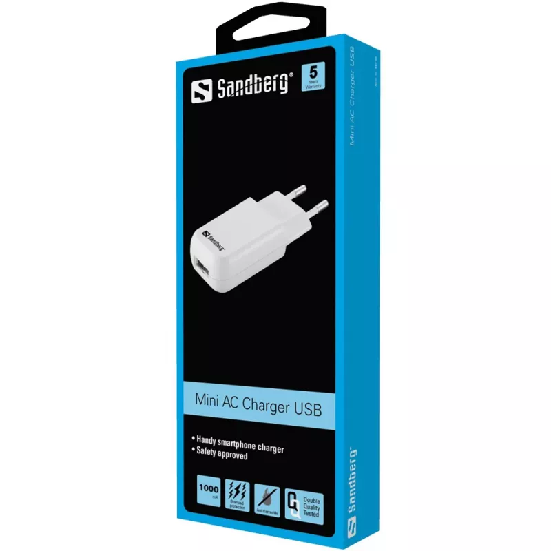 Sandberg Mini maiņstrāvas lādētājs USB 1A ES, iekštelpām, maiņstrāva, 5 V, melns, balts