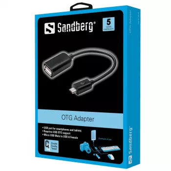 Sandberg OTG Adapter MicroUSB M – USB F, Micro-USB B, USB A, USB 2.0, Vīr./Siev., 0.48 Gbit/s, Melns