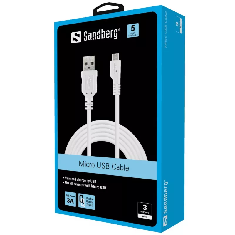 Sandberg MicroUSB sinhronizācijas/uzlādes kabelis 3 m, 3 m, USB A, Micro-USB B, USB 2.0, vīr./vīr., balts