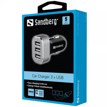 Sandberg Multi Car Charger 3xUSB, Auto, Cigāru aizdedzinātājs, USB, 5 V, Melns, Sudraba