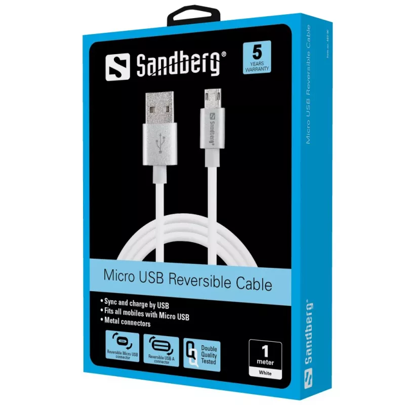 Sandberg MicroUSB Reversible kabelis 1m, 1 m, USB A, Micro-USB A, Sudraba, Balta