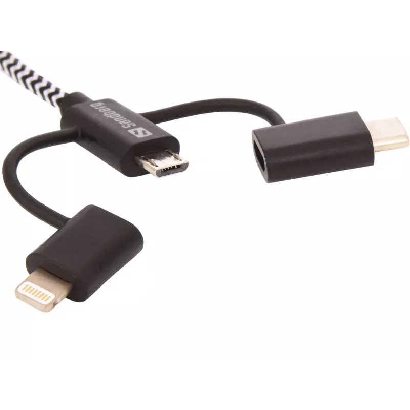 Sandberg 3in1 Lightning+MicroUSB+USB-C 1m, 1 m, Micro-USB A, USB A, vīrišķais/vīrišķais, melns, pelēks