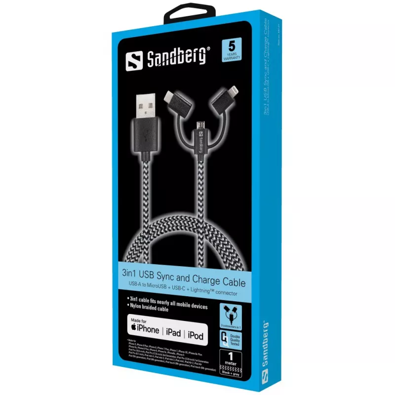 Sandberg 3in1 Lightning+MicroUSB+USB-C 1m, 1 m, Micro-USB A, USB A, vīrišķais/vīrišķais, melns, pelēks